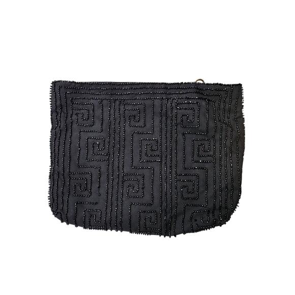 Vintage Black Beaded Clutch Bag With Greek Key Pattern & Brass Zipper Closure - Picture 1 of 6